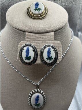 Paula Hand-painted Porcelain Texas Bluebonnet Necklace Earrings Brooch Set